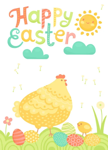 Счастливая Пасхальная праздничная открытка с курицей, курицей и раскрашенными яйцами на лугу . — стоковый вектор