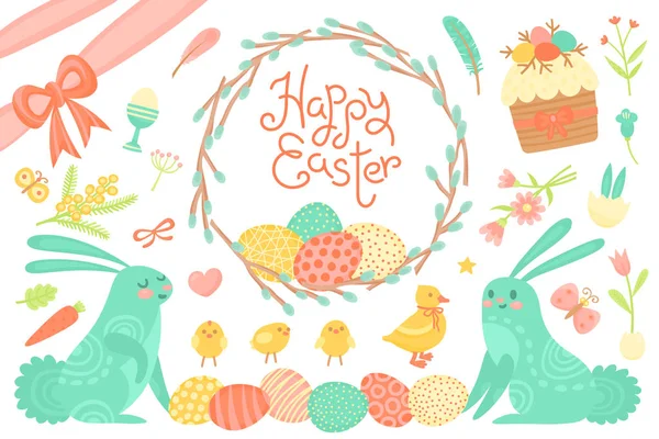 Set of Festive Decorations for Happy Easter. Congratulatory inscription, painted eggs, willow wreath, rabbits, easter cupcakes and other elements — Stock Vector