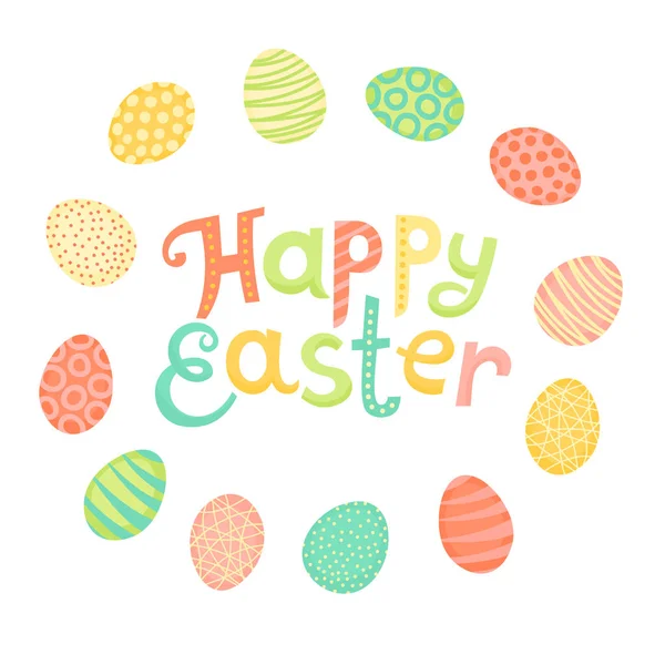 快乐的复活节节日题字和卡通风格的彩绘的鸡蛋. — 图库矢量图片