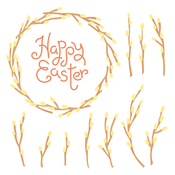 Happy Easter inscription, wreath and set of willow twigs. — Stock Vector