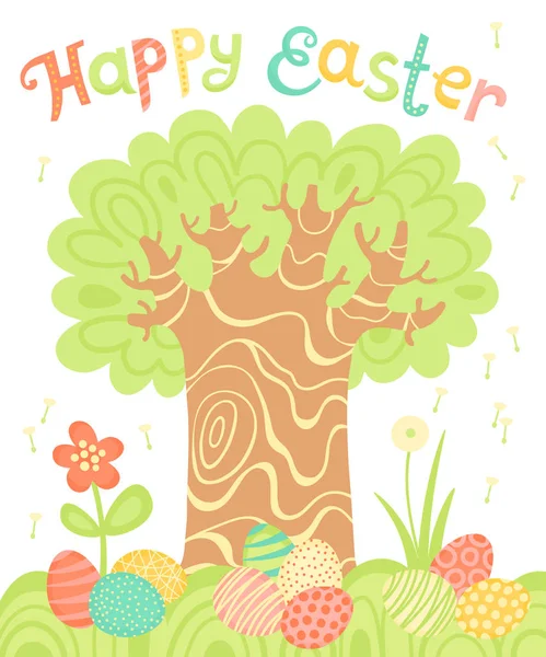Happy Easter holiday card with a tree and painted eggs. — Stock Vector