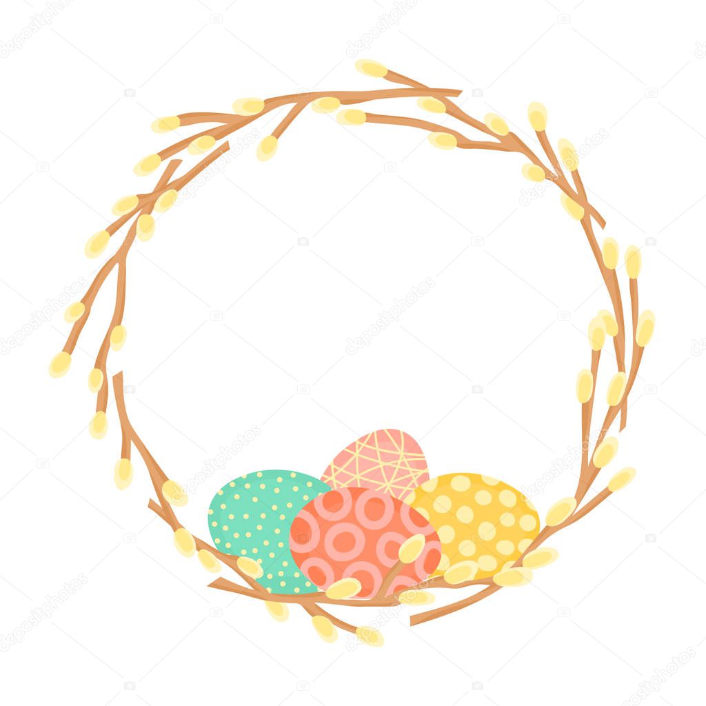 Easter wreath made of willow branches and painted eggs. Festive frame