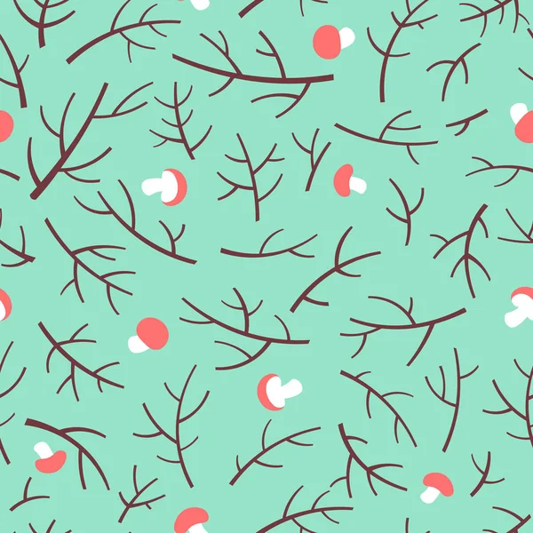 Nahtloses Muster mit Ästen und Pilzen auf grünem Hintergrund. — Stockvektor