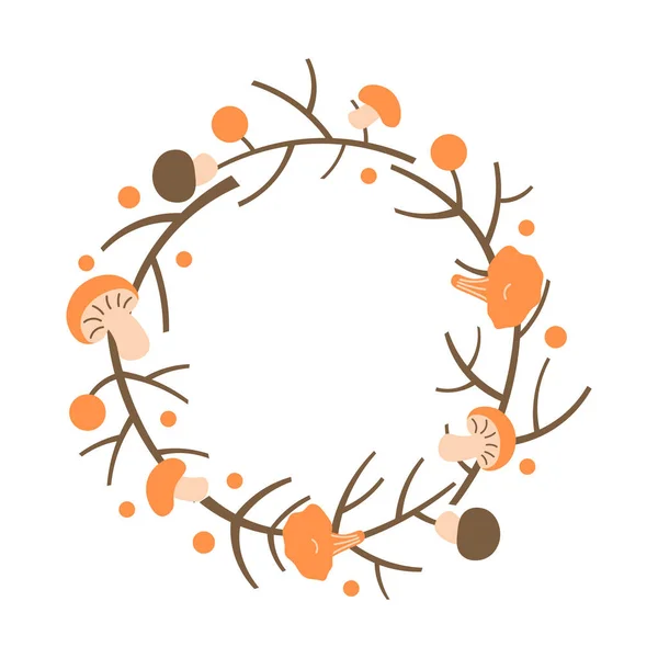 Couronne d'automne décorative. Cadre en branches, baies et champignons . — Image vectorielle