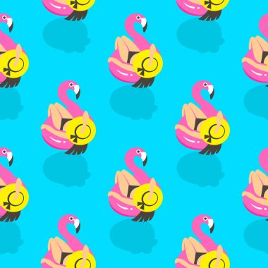 Bir şişme pembe flamingo yazında kızlar ile Seamless Modeli yüzüyor ve dinlenme.