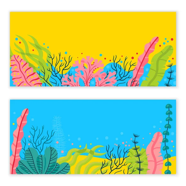 Stylish sea bottom background with seaweeds and place for your text. Bright vector marine live banner — Stock Vector