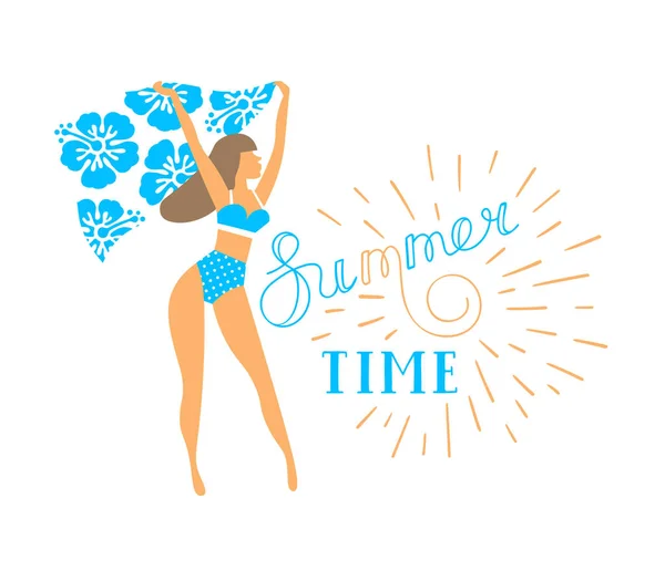 Chica en bikini vector ilustración para banner, fiesta de verano . — Vector de stock