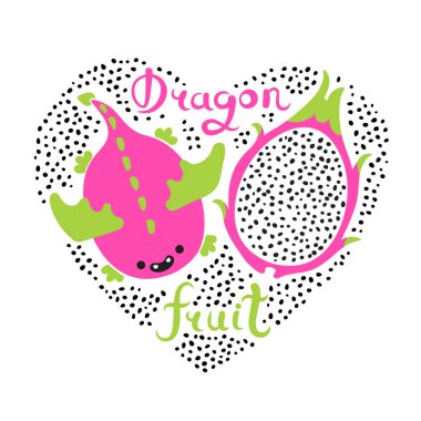 Kalp ve dragon meyve ile yazdırın. Vegan gıda. Yaz tatlı vektör çizim