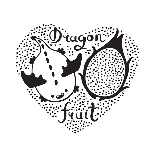 Impresión con corazón y fruta de dragón. Comida vegana. Verano lindo vector ilustración — Vector de stock