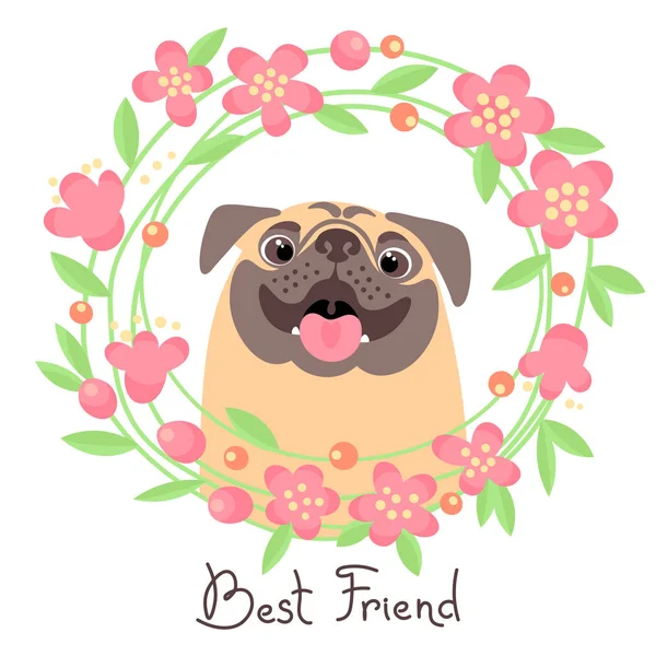 Feliz pug. Melhor amigo - cão e grinalda de flores no estilo de desenho animado — Vetor de Stock