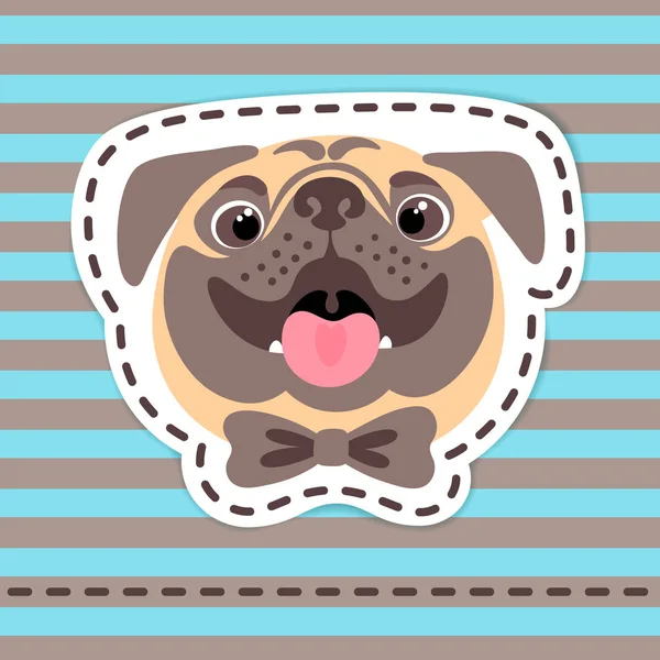 Emblemas de remendo de moda pug feliz em gravata borboleta no fundo listrado . —  Vetores de Stock