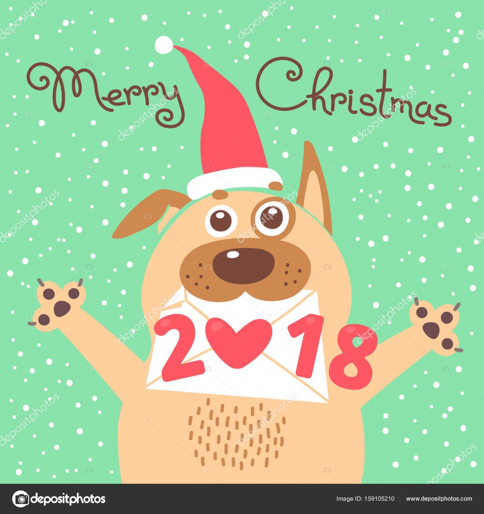 Merry Christmas 2018 karty z psem Funny puppy gratuluje na wakacje Kolorowe poczt³wki w stylu cartoon Ilustracja wektorowa — Wektor od Baksiabat