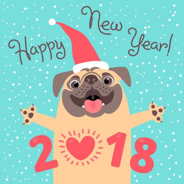 Happy 2018 yeni yıl kartı. Komik pug tatil tebrik ederiz. Köpek Çince Zodyak sembolü yılın.