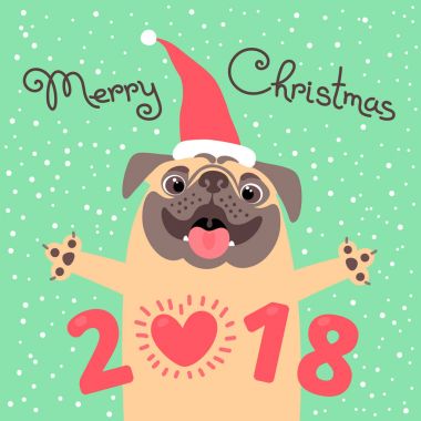 Neşeli Noel 2018 kartı ile köpek. Komik pug tatilde kutladı. Karikatür tarzı renkli kartpostal.