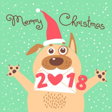 Neşeli Noel 2018 kartı ile köpek. Komik köpek yavrusu tatil tebrik ederiz. Karikatür tarzı renkli kartpostal.