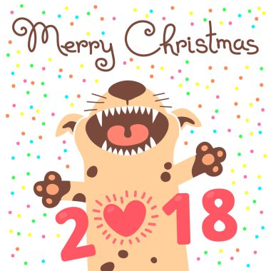 Neşeli Noel 2018 kartı ile köpek. Komik köpek yavrusu tatil tebrik ederiz. Karikatür tarzı renkli kartpostal.