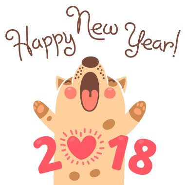 Happy 2018 yeni yıl kartı. Komik köpek yavrusu tatil tebrik ederiz. Köpek Çince Zodyak sembolü yılın.