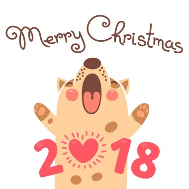 Neşeli Noel 2018 kartı ile köpek. Komik köpek yavrusu tatil tebrik ederiz. Karikatür tarzı renkli kartpostal.