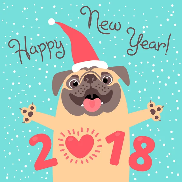 Happy 2018 nieuwjaarskaart. Grappige pug feliciteert op vakantie. Hond Chinese dierenriem symbool van het jaar. — Stockvector