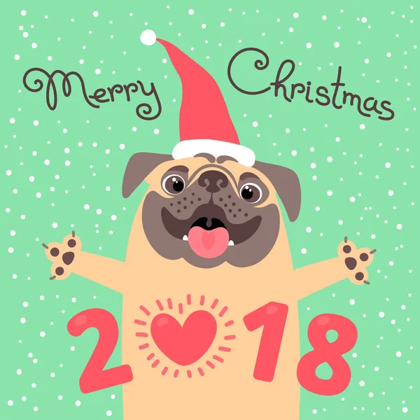 С Рождеством 2018 года открытка с собакой. Забавный мопс поздравляет с праздником. Цветная открытка в стиле мультфильма . — стоковый вектор