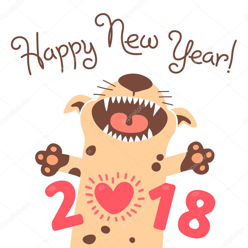 Happy 2018 New Year card. Funny puppy congratulates on holiday. Dog Chinese zodiac symbol of the year.
