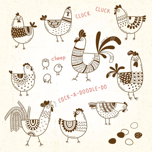Images vectorielles de poulets, poules, coqs, œufs en dessin animé, art linéaire. Éléments pour la couverture de conception emballage alimentaire, bannière publicitaire, carte — Image vectorielle