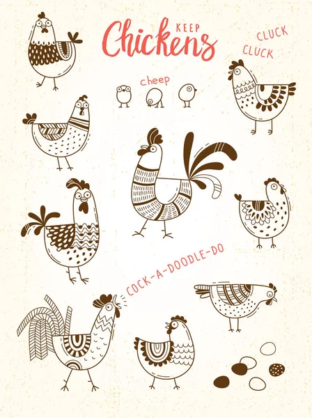 Immagini vettoriali di polli, galline, galli, uova in stile cartone animato, line art. Elementi per la copertura di design pacchetto alimentare, banner pubblicitari, carta — Vettoriale Stock