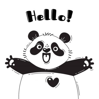 Not - Merhaba neşeli panda ile illüstrasyon. Komik avatarlar tasarımı için posterler ve kartları hoş geldiniz. Sevimli hayvan.