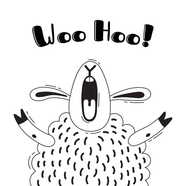 Illustration with joyful sheep who shouts - Woo Hoo. For design of funny avatars, welcome posters and cards. Cute animal. — Stock Vector