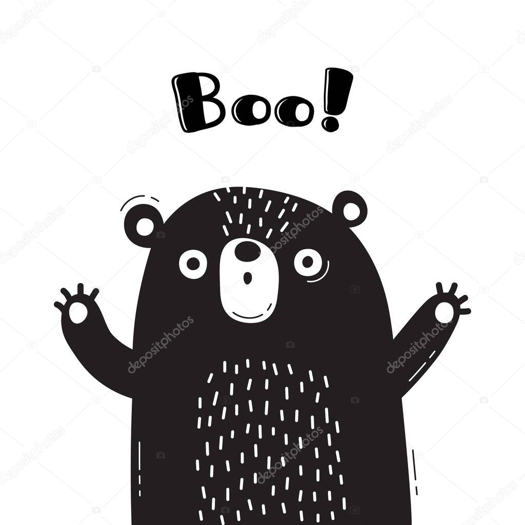 Illustration with bear who shouts - Boo. For design of funny avatars, welcome posters and cards. Cute animal.