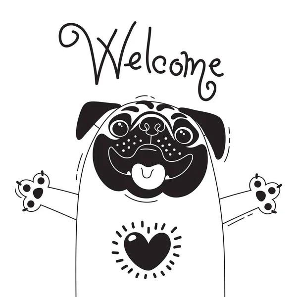 与快乐的哈巴狗说-欢迎的插图。设计的有趣的化身、 海报和卡片。可爱的动物. — 图库矢量图片