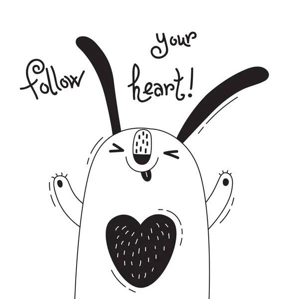 Illustration med joyful kanin som säger - Följ ditt hjärta. För design av roliga avatarer, affischer och kort. Söta djur. — Stock vektor