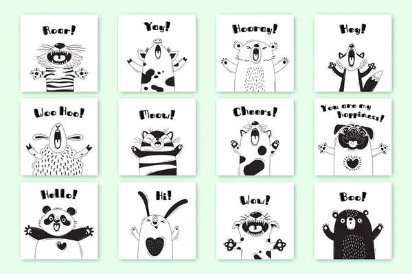 Carte con animali divertenti ed esclamazioni. Tiger Pig Bear Fox Sheep Cat Pug Panda Rabbit per la progettazione di feste per bambini, camere, adesivi, manifesti, t-shirt — Vettoriale Stock