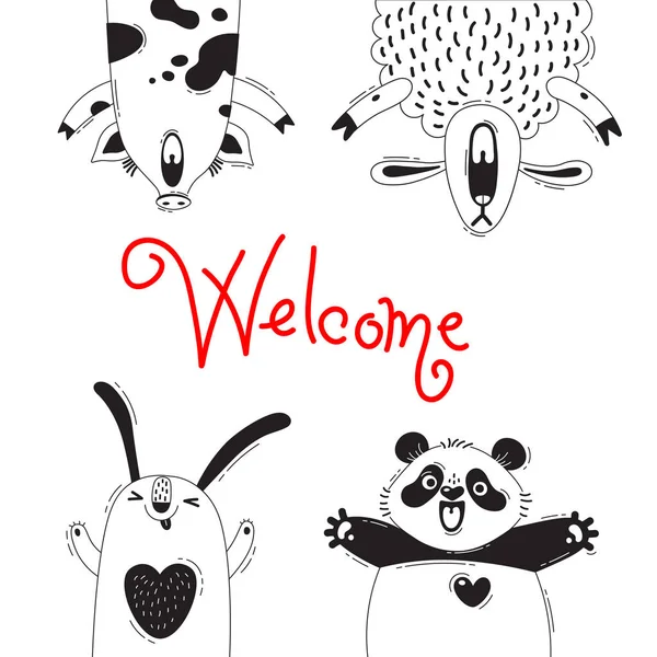 Welcome Card with Funny Animals Pig Sheep Panda Rabbit. — Stock Vector