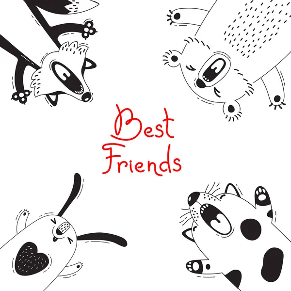 Card with Best Friends Bear Fox Dog Rabbit. — Stock Vector