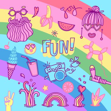 Eğlenceli ve sevinç bir duygu. Hippi tarzı yaşam. Vektör öğeleri tasarım kümesi