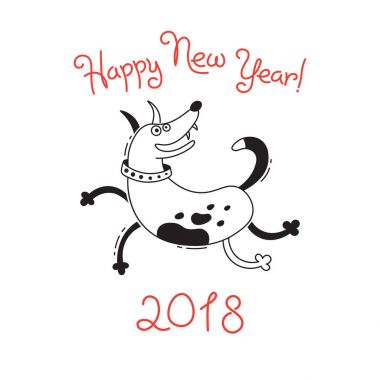 Happy 2018 yeni yıl kartı. Komik köpek yavrusu tatil tebrik ederiz. Köpek Çince Zodyak sembolü yılın.