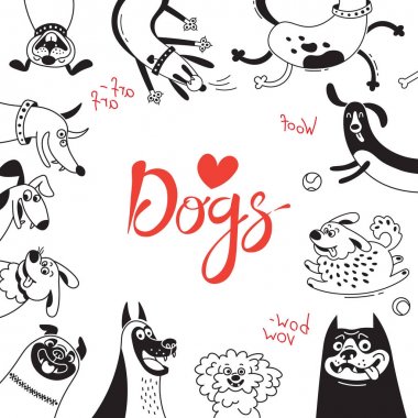 Neşeli köpekler ve mutlu kukla ile kartı. Vektör arka plan melezler, çoban köpeği, dachshund, lap-köpek ve diğerleri ile doğurmak