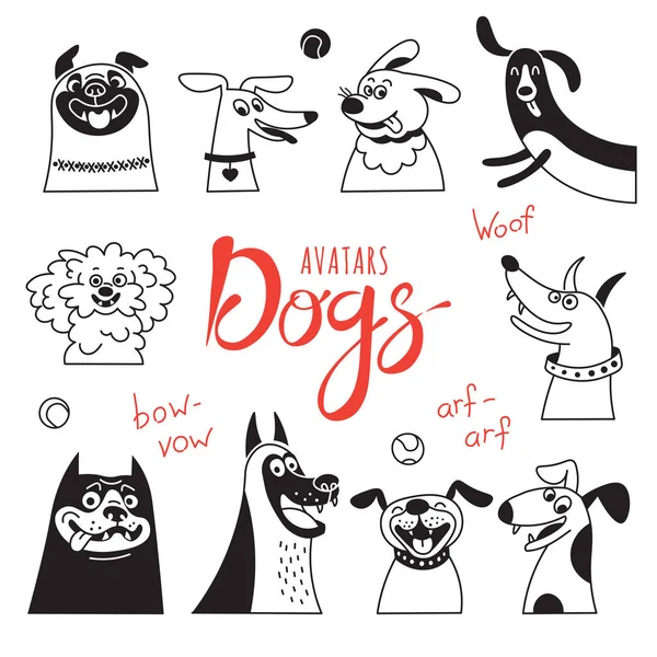 Avatar dogs. Funny lap-dog, happy pug, cheerful mongrels and other breeds. — Stock Vector