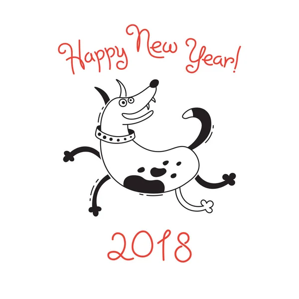 Happy 2018 nieuwjaarskaart. Grappige puppy feliciteert op vakantie. Hond Chinese dierenriem symbool van het jaar. — Stockvector