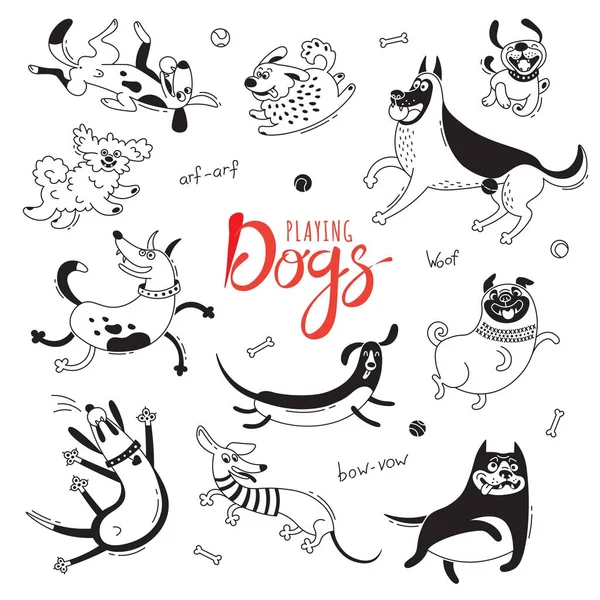 Playing dogs. Funny lap-dog, happy pug, mongrels and other breeds. Set of isolated vector drawings for design — Stock Vector
