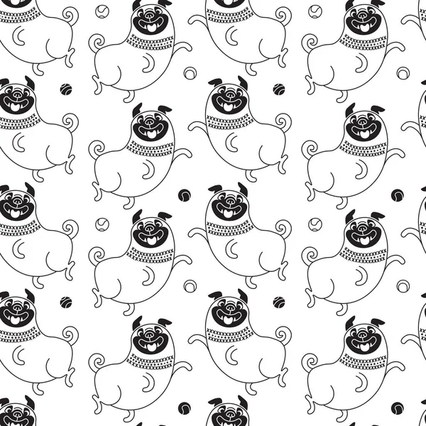 Komik pugs seamless modeli. Vektör arka plan tasarımı için sevinçli bir köpekle
