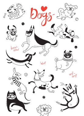 Köpekler oynuyor. Komik kucak-köpek, mutlu pug, melezler ve diğer doğurmak. İzole vektörel çizimler için tasarım kümesi