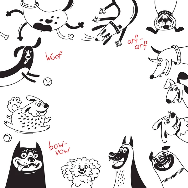 Карта з радісними собаками і щасливими цуценятами. Векторний фон з монголами, вівчарками, таксами, колінами та іншими породами — стоковий вектор