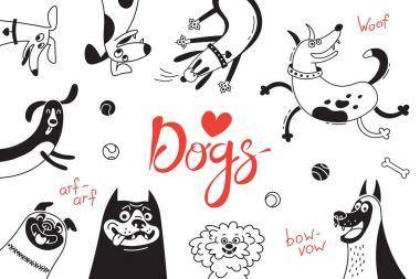 Neşeli köpekler ve mutlu kukla ile kartı. Vektör arka plan melezler, çoban köpeği, dachshund, lap-köpek ve diğerleri ile doğurmak