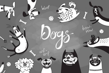 Neşeli köpekler ve mutlu kukla ile kartı. Vektör arka plan melezler, çoban köpeği, dachshund, lap-köpek ve diğerleri ile doğurmak