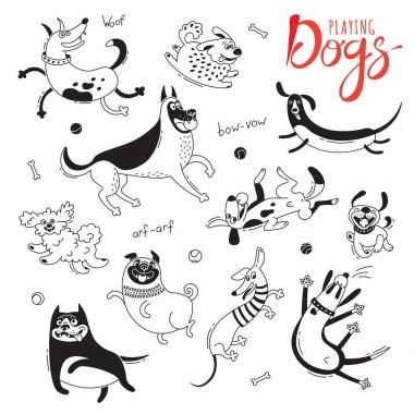 Köpekler oynuyor. Komik kucak-köpek, mutlu pug, melezler ve diğer doğurmak. İzole vektörel çizimler için tasarım kümesi