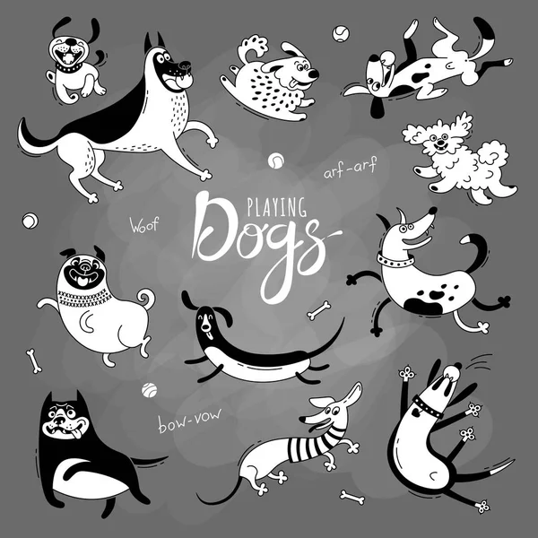 Jugando a perros. Divertido perro faldero, pug feliz, mestizos y otras razas. Conjunto de dibujos vectoriales aislados para diseño — Vector de stock