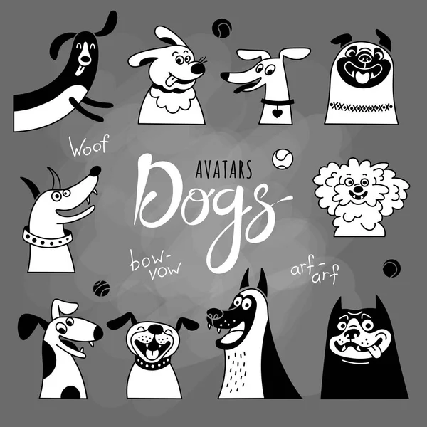 Avatar dogs. Funny lap-dog, happy pug, cheerful mongrels and other breeds. — Stock Vector