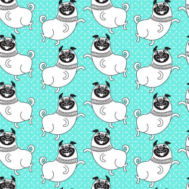 Komik pugs seamless modeli. Vektör arka plan tasarımı için sevinçli bir köpekle